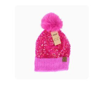 Cluster Sequin Faux Fur Pom C.C Beanie Hot Pink